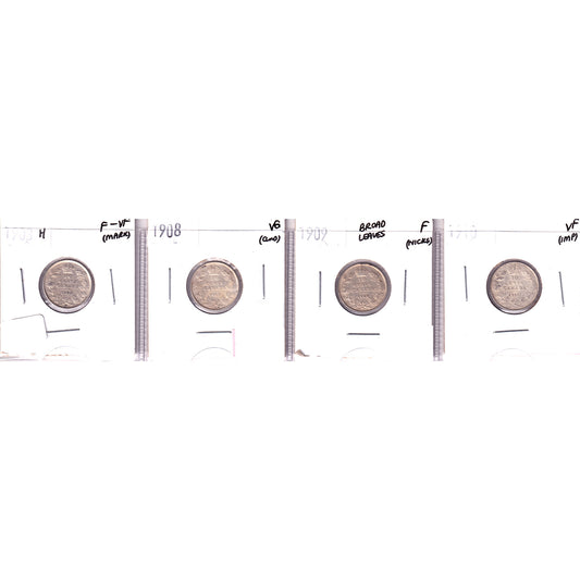 Lot of 4x 1903-1910 Canada 10-Cents, F to VF, 4Pcs. (Impaired)