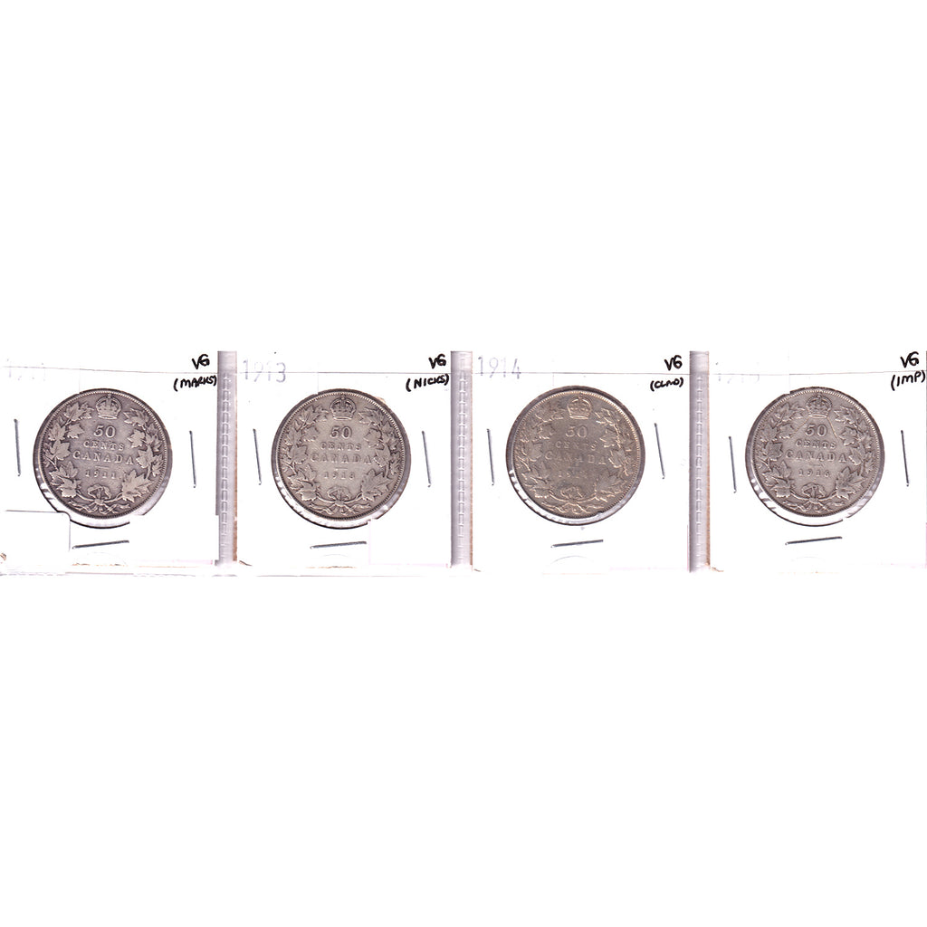 Lot of 4x 1911-1916 Canada 50-Cents, All VG, 4Pcs. (Impaired)