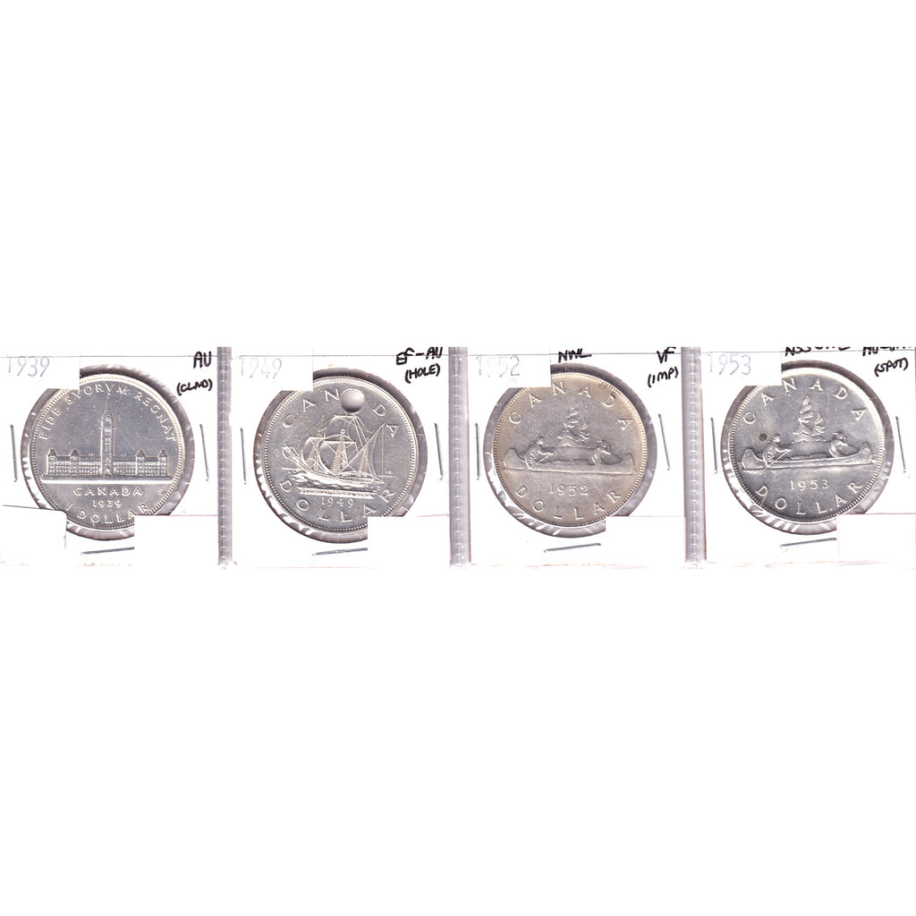 Lot of 4x 1939-1953 Canada Dollar, VF to AU-UNC, 4Pcs. (Impaired)