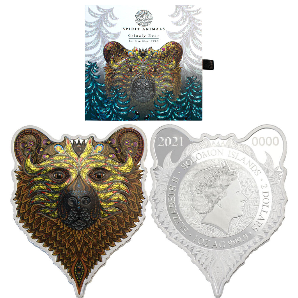 2021 Solomon Islands $2 1oz .999 Fine Silver Coin Spirit Animals-Grizzly Bear (No Tax)