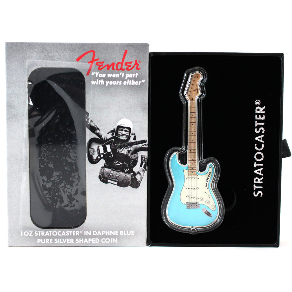 2022 Solomon Islands $2 Fender 'Stratocaster' Shaped 1oz. Coin in Daphne Blue (No Tax)