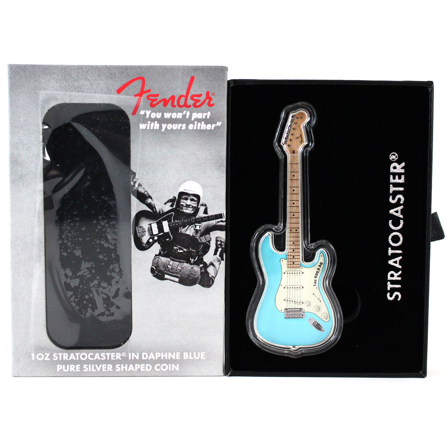2022 Solomon Islands $2 Fender 'Stratocaster' Shaped 1oz. Coin in Daphne Blue (No Tax)