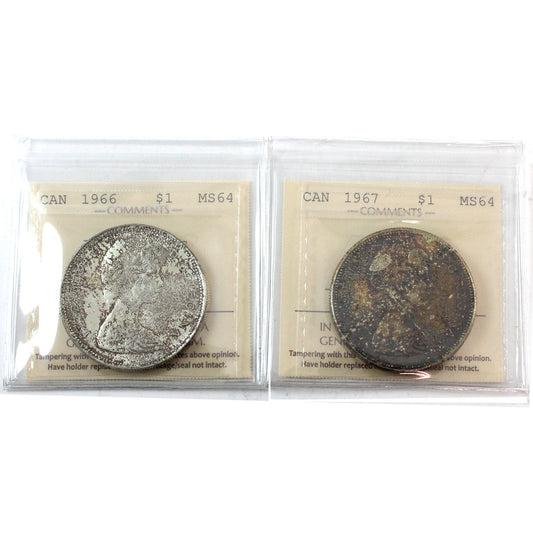 Pair of 1966 & 1967 Canada Dollar ICCS Certified MS-64, 2Pcs.