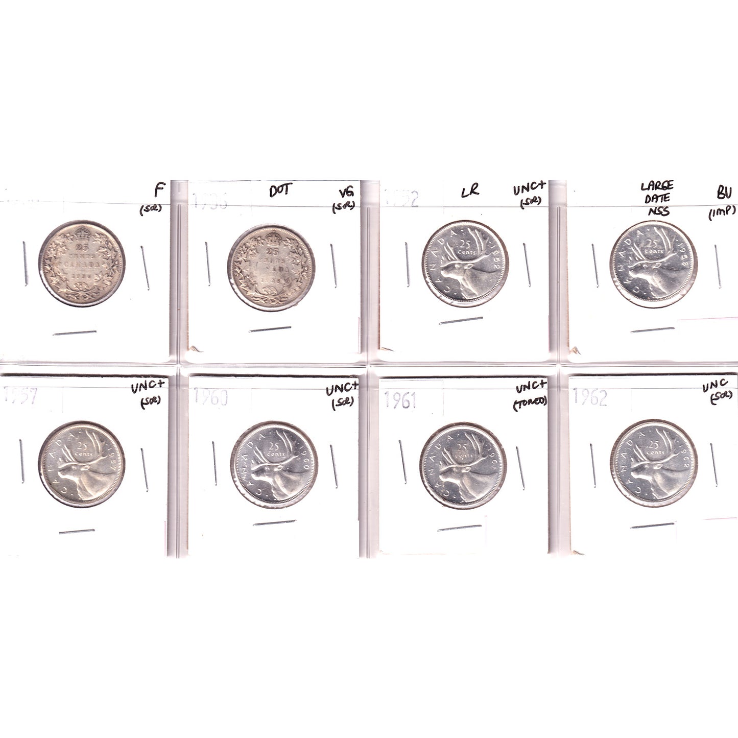Lot of 8x 1936-1962 Canada 25-Cents, VG to BU, 8Pcs. (Impaired)
