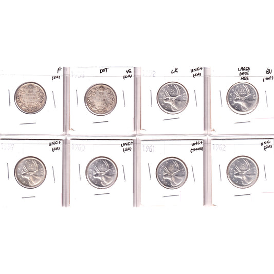 Lot of 8x 1936-1962 Canada 25-Cents, VG to BU, 8Pcs. (Impaired)