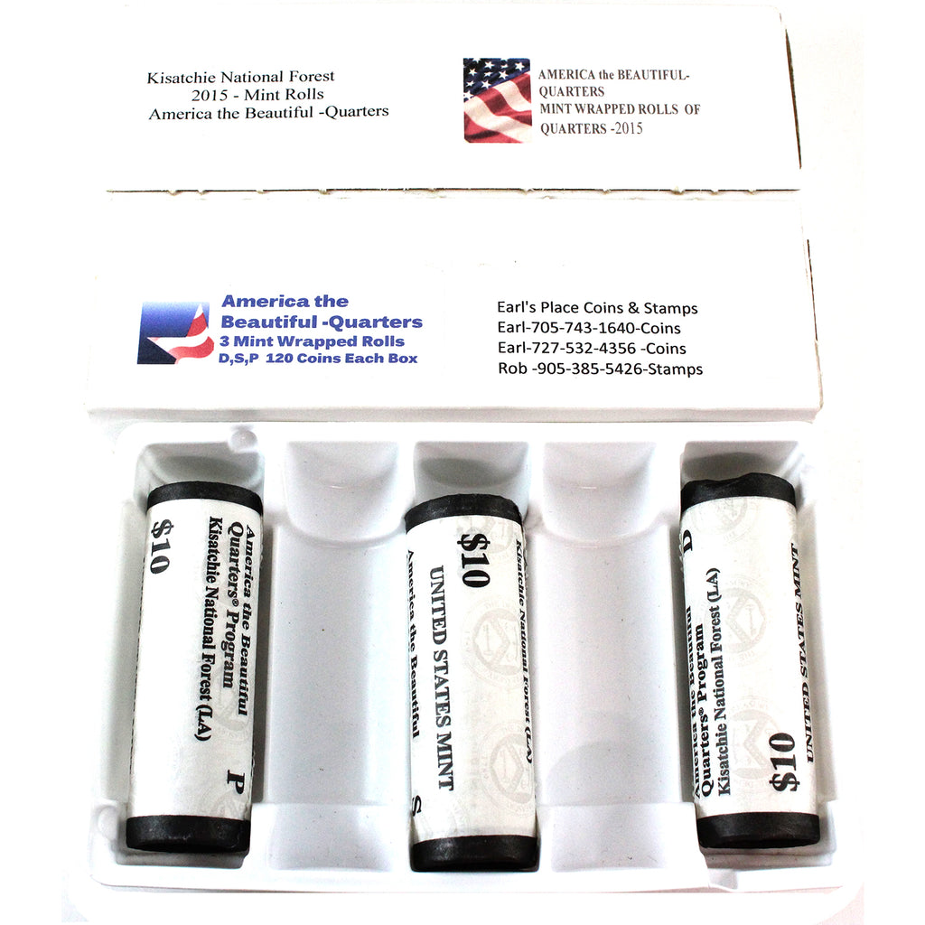 2015 USA Quarter P, D & S Mint Mark Kisatchie National Forest Special Wrapped Rolls. 3pcs