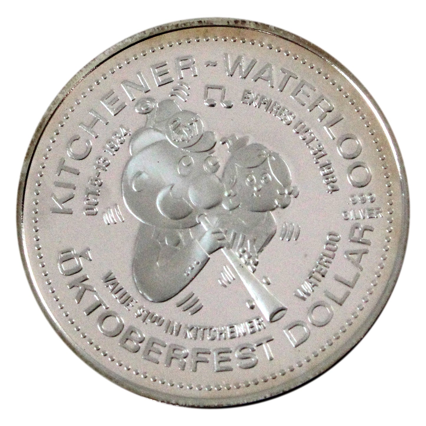 1984 Kitchener-Waterloo Silver Oktoberfest .999 Silver Trade Dollar (No Tax) light toning