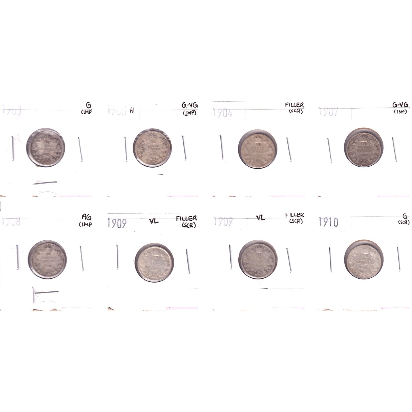 Lot of 8x 1903-1910 Canada 10-Cents Filler to G-VG, 8Pcs. (Impaired)