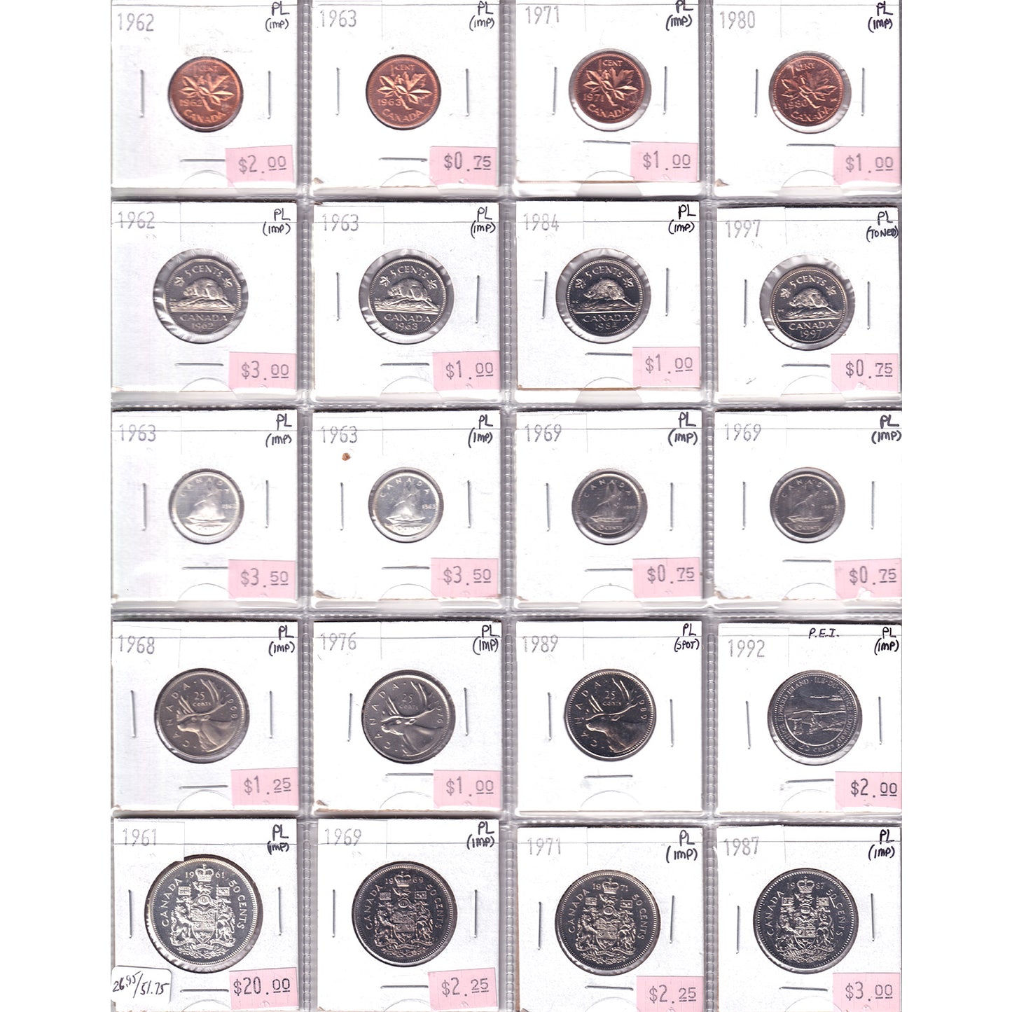 Lot of 20x 1962-1987 Canada Decimal, All Proof Like, 20Pcs. (Impaired)