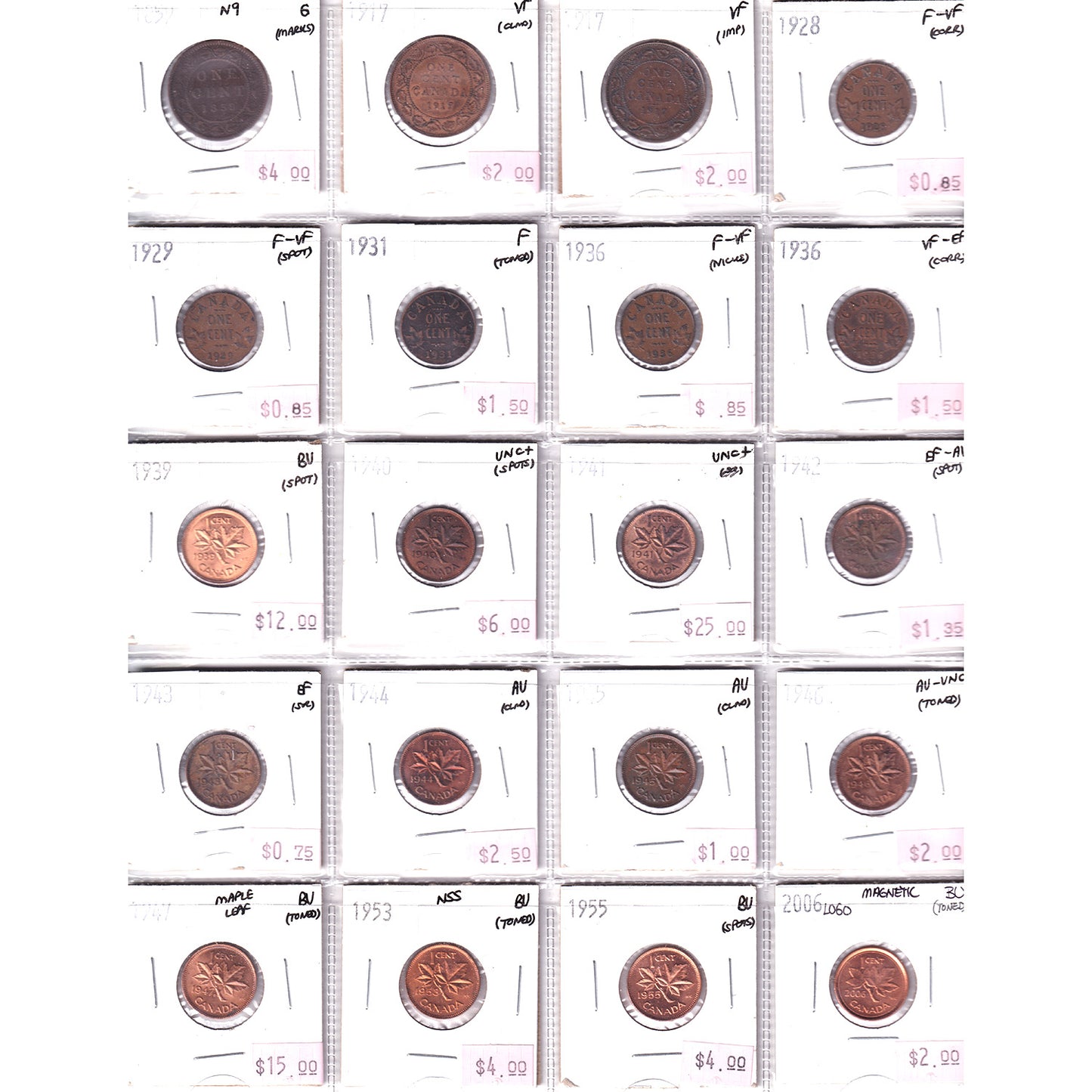 Lot of 20x 1859-2006 Canada 1-Cent, G to BU, 20Pcs. (Impaired)