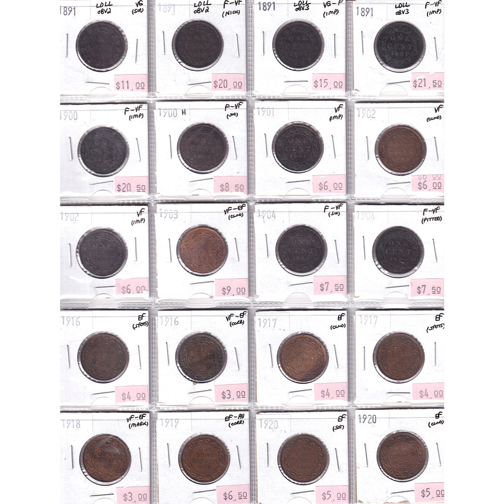 Lot of 20x 1891-1920 Canada 1-Cent, VG to EF, 20Pcs. (Impaired)