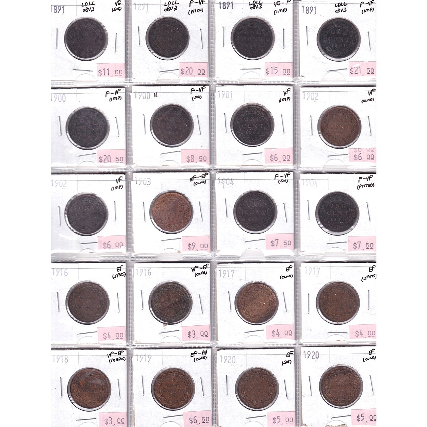 Lot of 20x 1891-1920 Canada 1-Cent, VG to EF, 20Pcs. (Impaired)