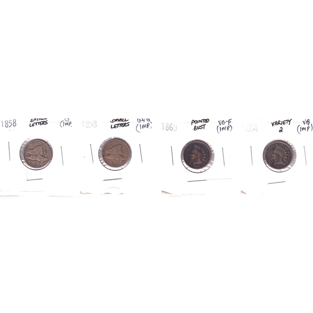Lot of 4x 1858-1864 USA Cent, G to VG, 4Pcs. (Impaired)