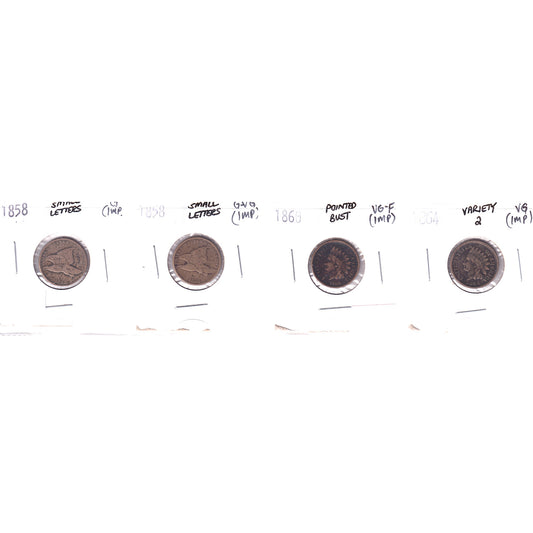Lot of 4x 1858-1864 USA Cent, G to VG, 4Pcs. (Impaired)