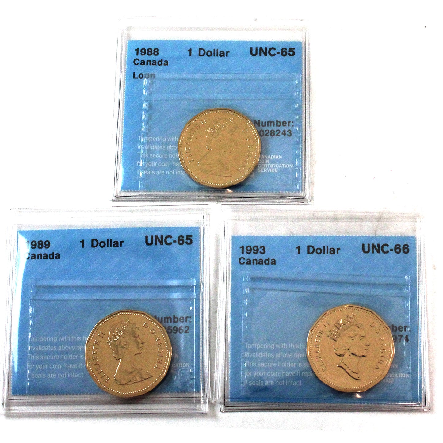 Lot of 3x 1988-1993 Canada Dollar CCCS Certified UNC-65 to UNC-66, 3Pcs.