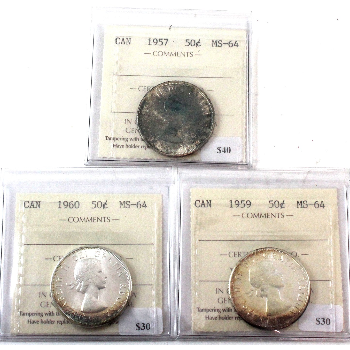 Lot of 3x 1957-1960 Canada 50-Cents ICCS Certified MS-64 3Pcs. (Toned)