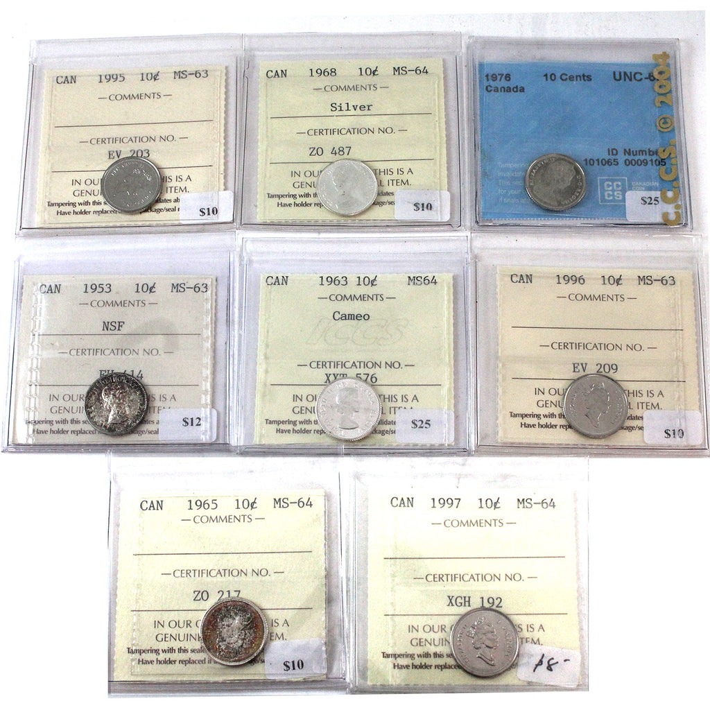Lot of 8x 1953-1997 Canada 10-Cents CCCS & ICCS Certified MS63 to MS64, 8Pcs. )