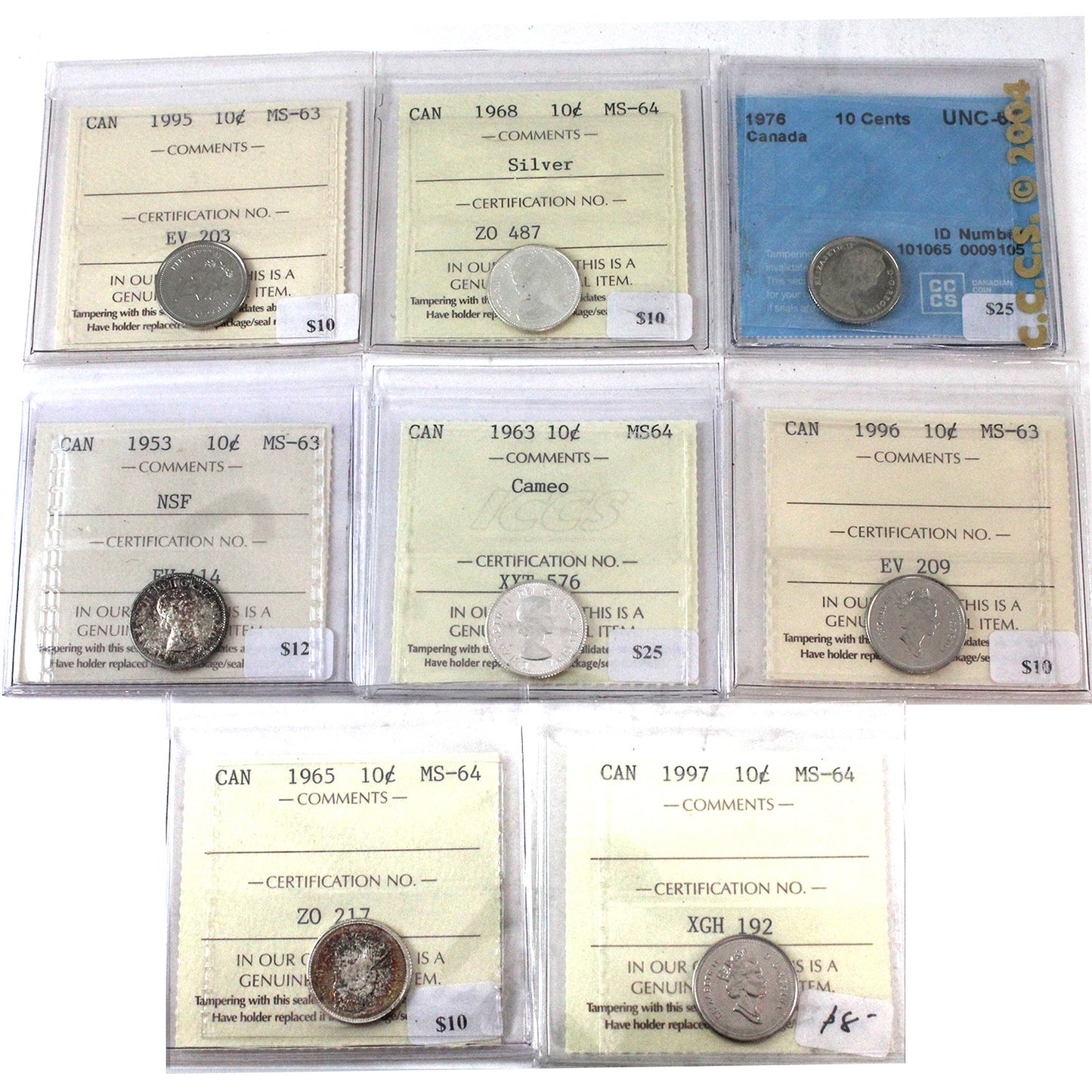 Lot of 8x 1953-1997 Canada 10-Cents CCCS & ICCS Certified MS63 to MS64, 8Pcs. )