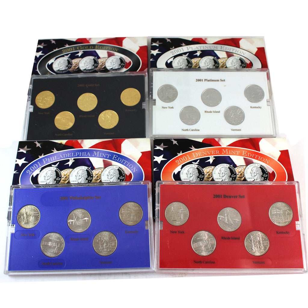 Lot of 4x USA 2001 P&D State Quarter Collection, Gold and Platinum Plated