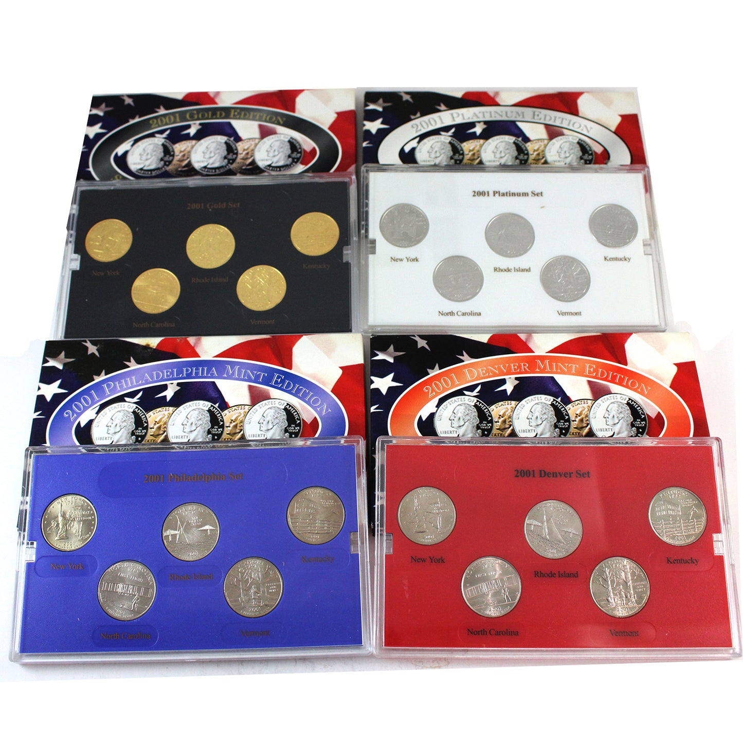 Lot of 4x USA 2001 P&D State Quarter Collection, Gold and Platinum Plated