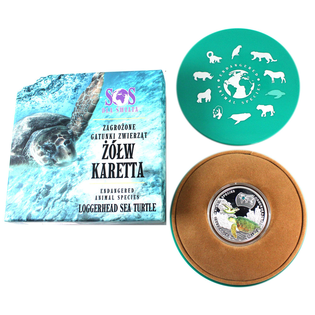 2014 Niue $1 Endangered Animals - Loggerhead Sea Turtle Silver (Spots on Box) No Tax