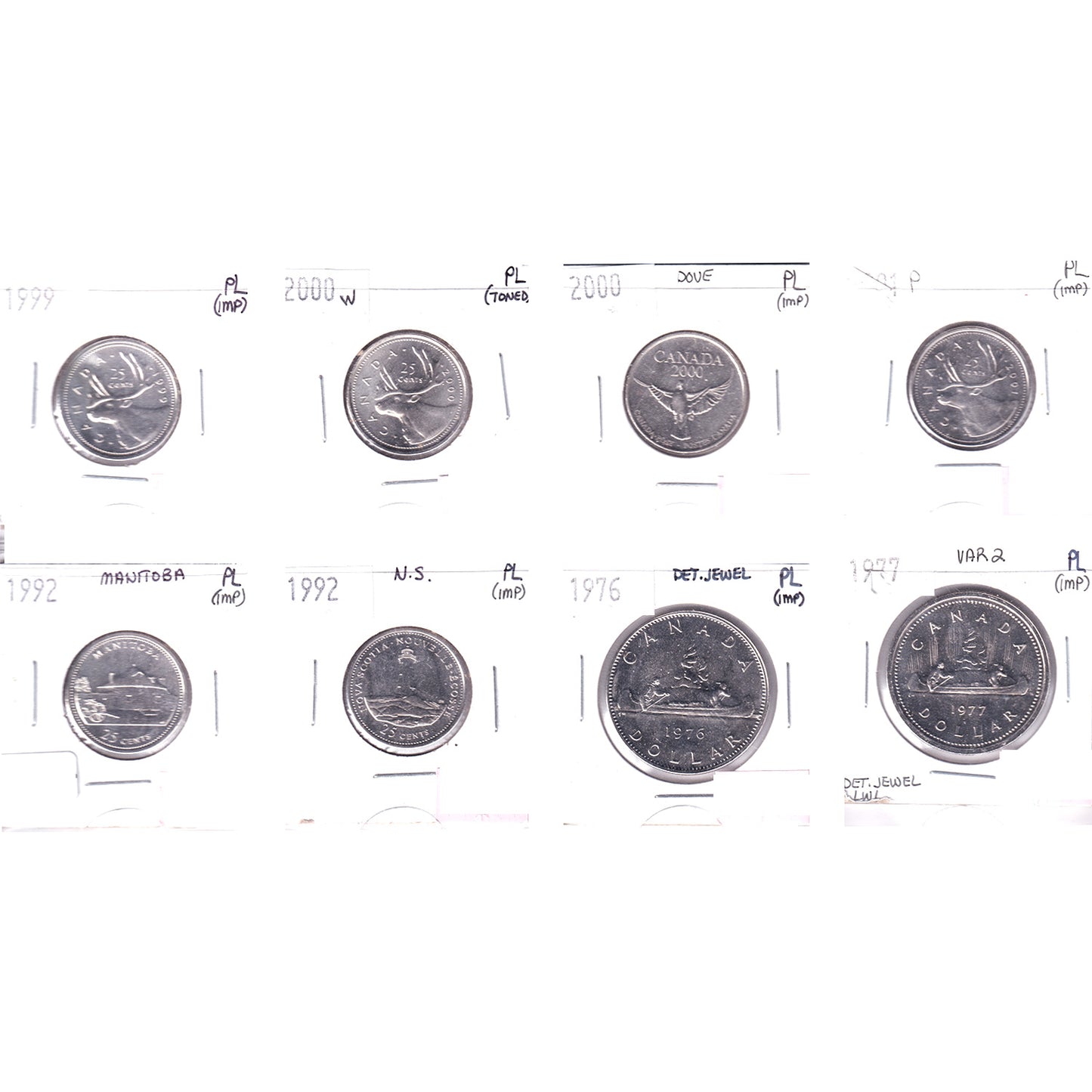 Lot of 8x 1977-2001 Canada 25-cents & Dollars All PL, 8Pcs. (Impaired)