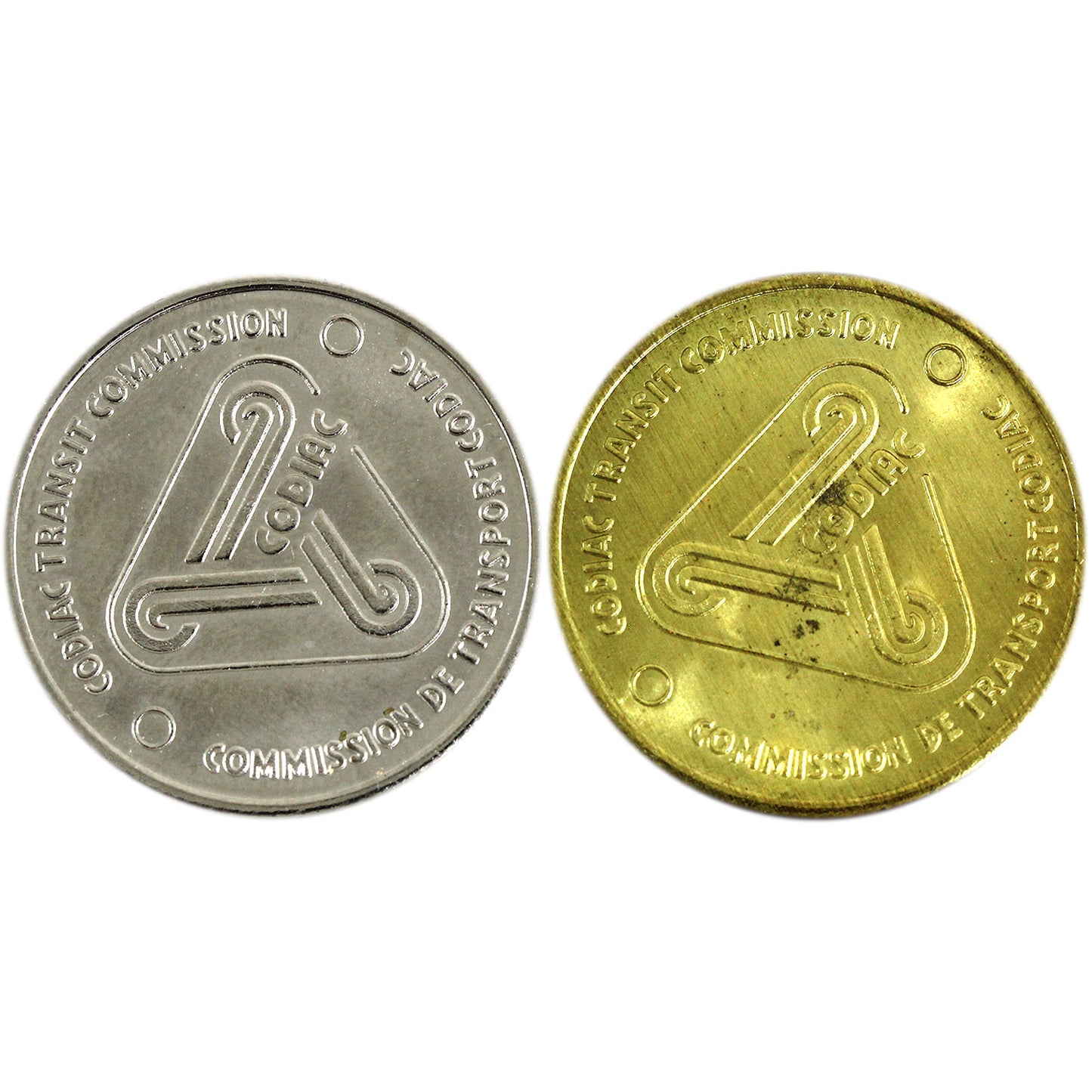 Pair of 1983 Moncton, NB Codia Transit Commission Brass & Nickel 1-Fare Tokens