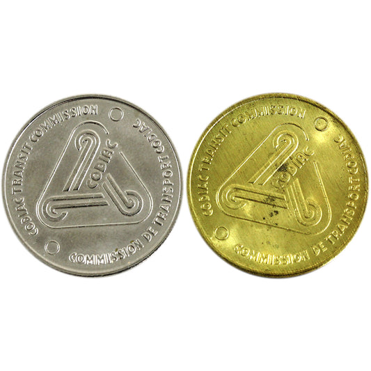 Pair of 1983 Moncton, NB Codia Transit Commission Brass & Nickel 1-Fare Tokens
