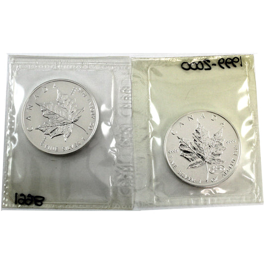 1998 & 1999-2000 Canada $5 1 oz. Fine Silver Maples SEALED, 2Pcs. (Scratched) No Tax
