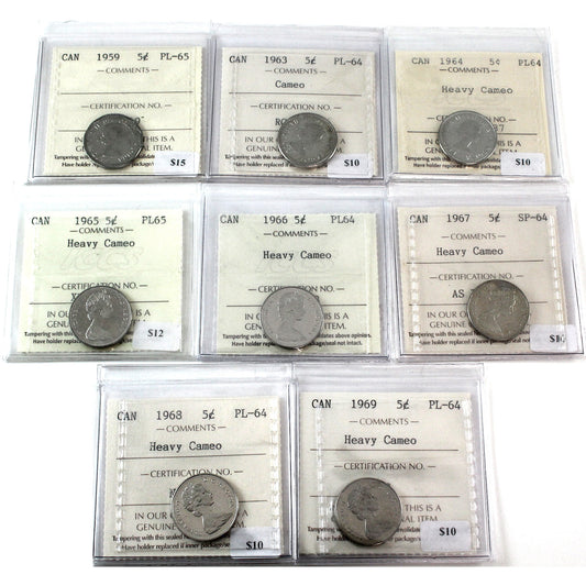 Lot of 8x 1959-1969 Canada 5-Cents ICCS Certified SP/PL-64 to PL-65, 8Pcs.