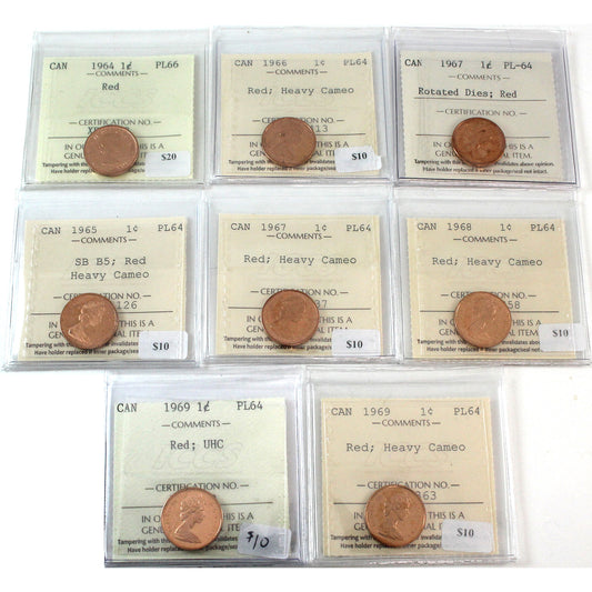 Lot of 8x 1964-1969 Canada 1-cent ICCS Certified PL-64 to PL-66, 8Pcs.
