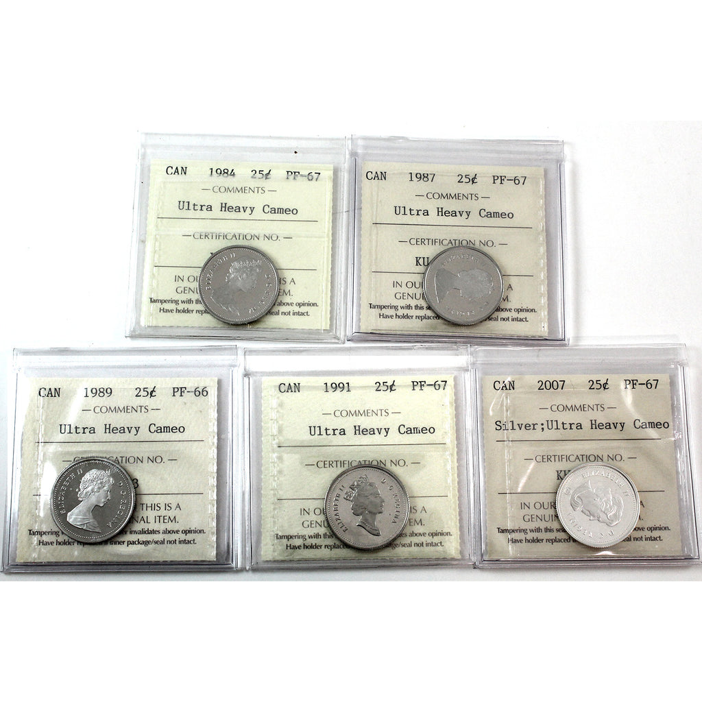 Lot of 5x 1989-2007 Canada 25-cents ICCS Certified PF-66 to PF-67, 5Pcs.