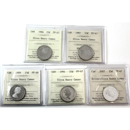 Lot of 5x 1989-2007 Canada 25-cents ICCS Certified PF-66 to PF-67, 5Pcs.