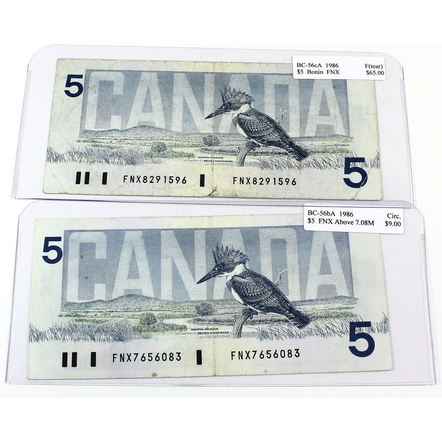 Pair of 1986 Canada $5 Thiessen-Crow, FNX, Circ to F, 2Pcs. (Tear)