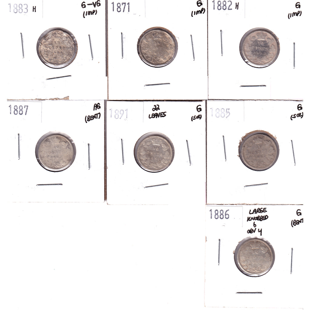 Lot of 7x 1871-1891 Canada 10-cents AG to G-VG, 7Pcs. (Impaired)