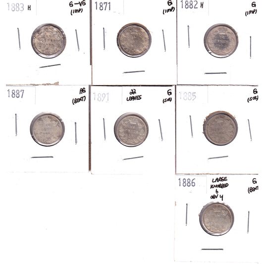 Lot of 7x 1871-1891 Canada 10-cents AG to G-VG, 7Pcs. (Impaired)