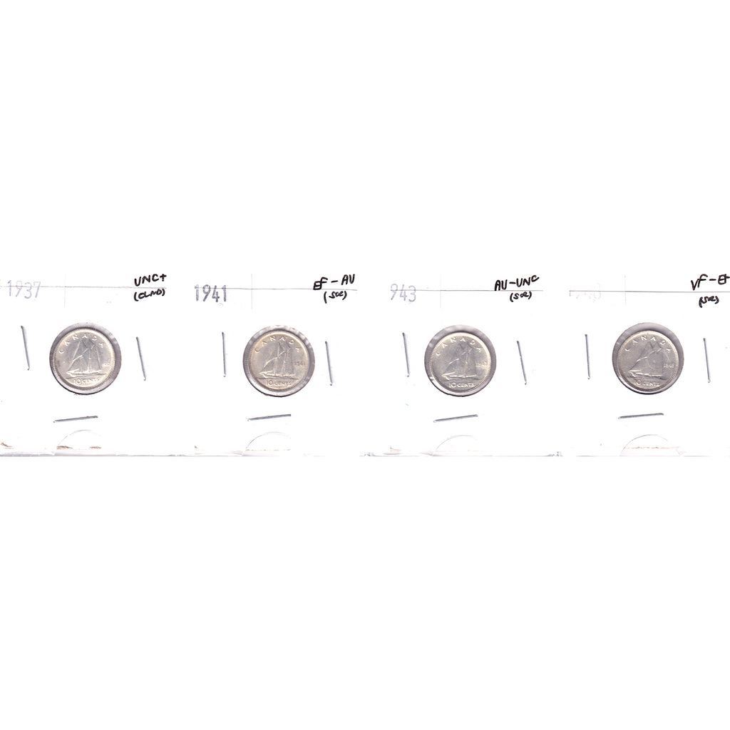 Lot of 4x 1937-1948 Canada 10-cents, VF-EF to UNC+, 4Pcs. (Impaired)