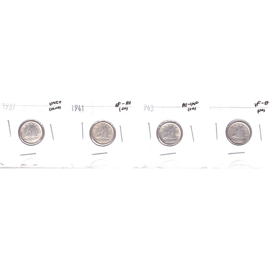 Lot of 4x 1937-1948 Canada 10-cents, VF-EF to UNC+, 4Pcs. (Impaired)