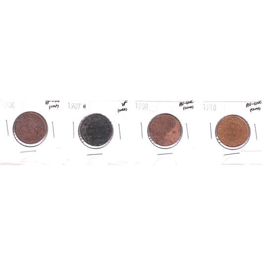 Lot of 4x 1906-1910 Canada 1-cent, VF to AU-UNC, 4Pcs. (Impaired)