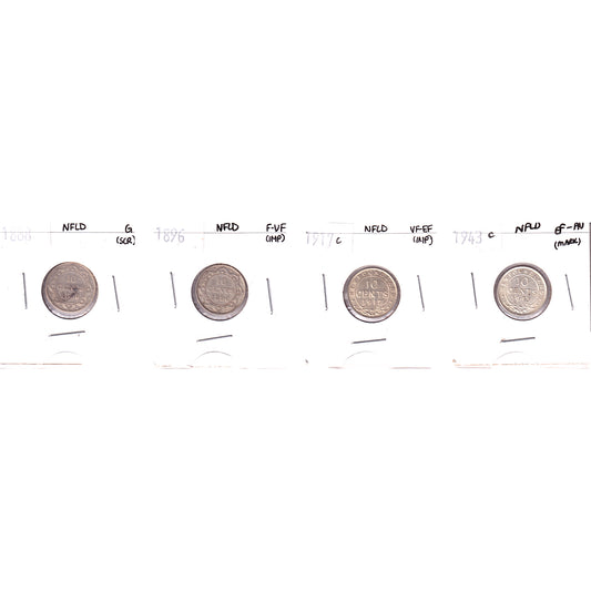 Lot of 4x 1888-1943C Newfoundland 10-cents G to EF-AU, 4Pcs. (Impaired)
