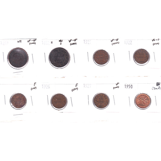 Lot of 8x 1859-1950 Canada 1-cent, VG-F to BU, 8Pcs. (Impaired)