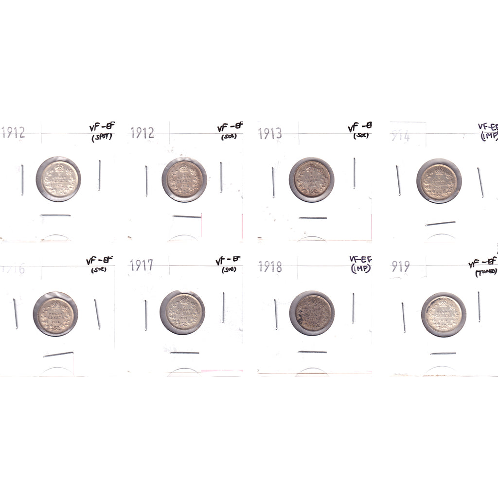Lot of 8x 1912-1919 Canada 5-cents, All VF-EF, 8Pcs. (Impaired)