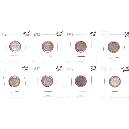 Lot of 8x 1912-1919 Canada 5-cents, All VF-EF, 8Pcs. (Impaired)