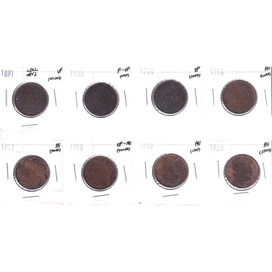 Lot of 8x 1891-1920 Canada 1-cent, F-VF to AU, 8Pcs. (Impaired)