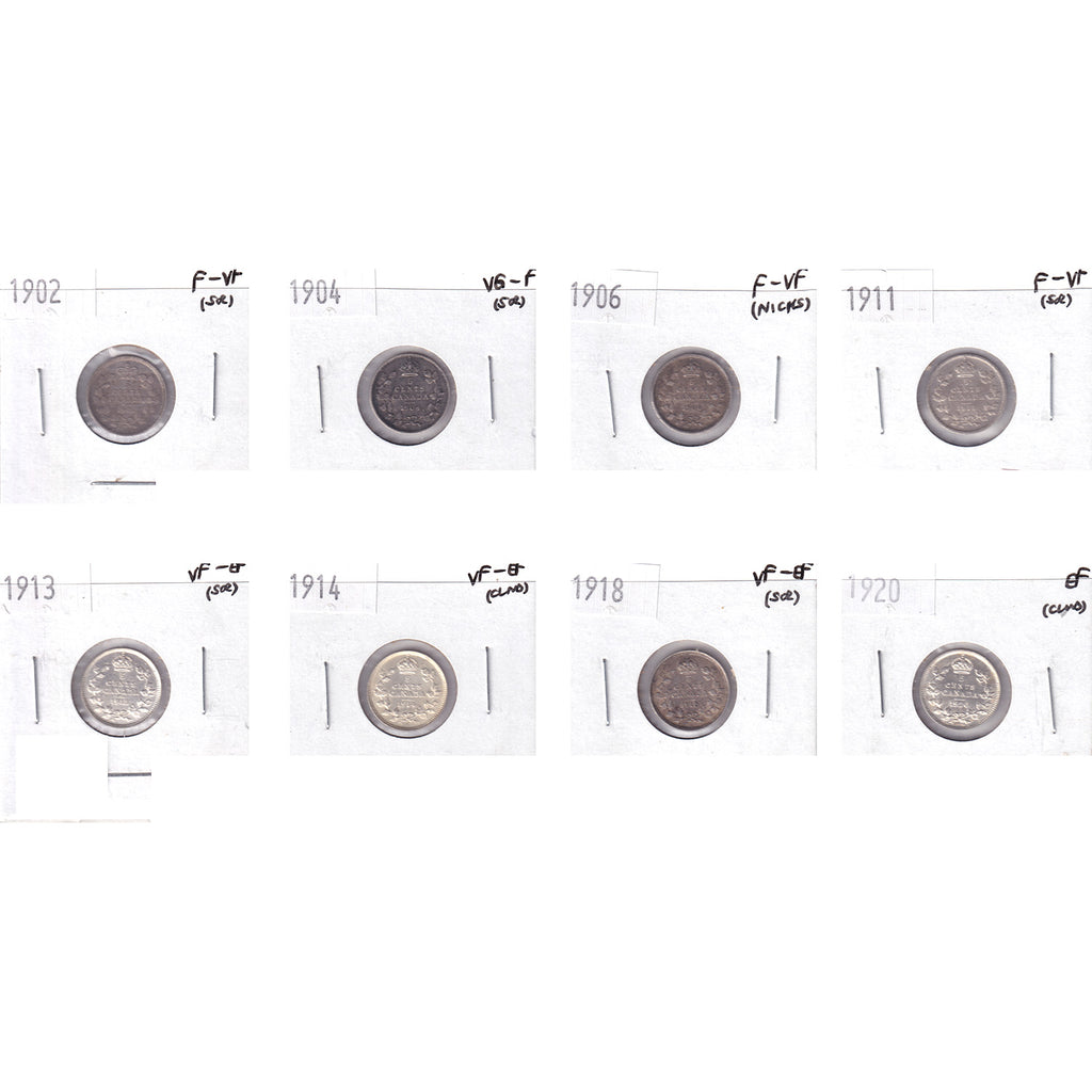 Lot 8x 1902-1920 Canada 5-Cents, VG-F to EF, 8Pcs. (Impaired)
