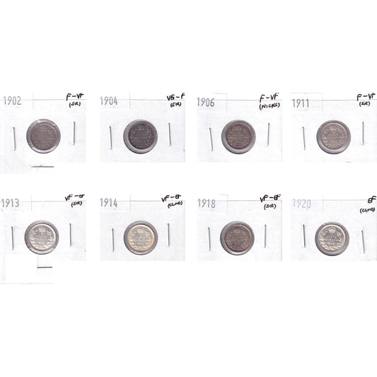 Lot 8x 1902-1920 Canada 5-Cents, VG-F to EF, 8Pcs. (Impaired)