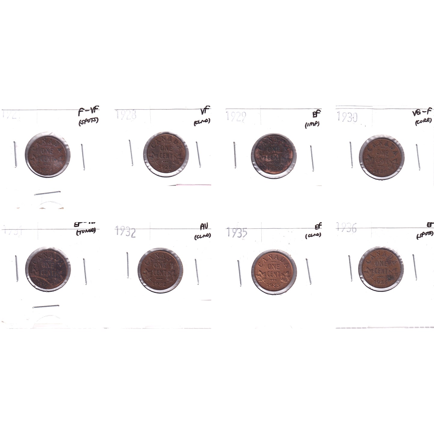 Lot of 8x 1921-1936 Canada 1-cent, VG-F to AU, 8Pcs. (Impaired)