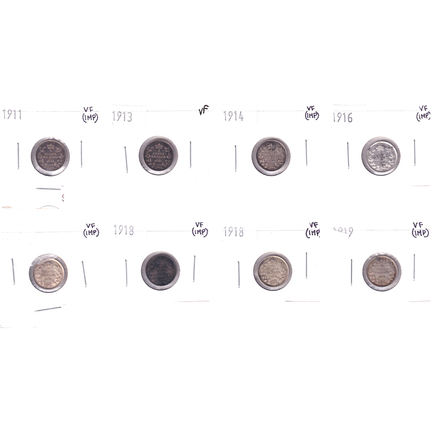 Lot of 8x 1911-1919 Canada 5-cents, All VF, 8Pcs. (Impaired)
