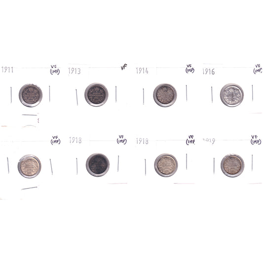 Lot of 8x 1911-1919 Canada 5-cents, All VF, 8Pcs. (Impaired)