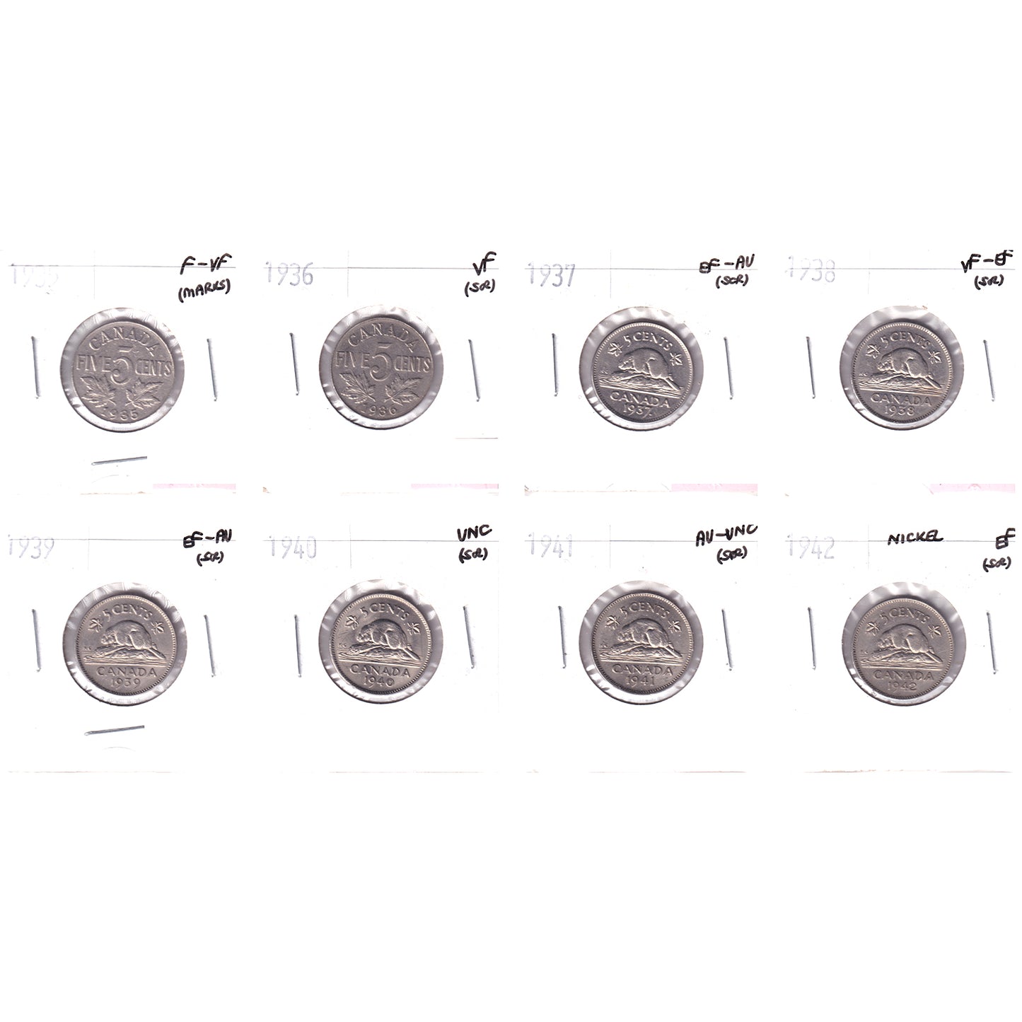 Lot of 8x 1935-1942 Canada 5-cents, F-VF to UNC, 8Pcs. (Impaired)